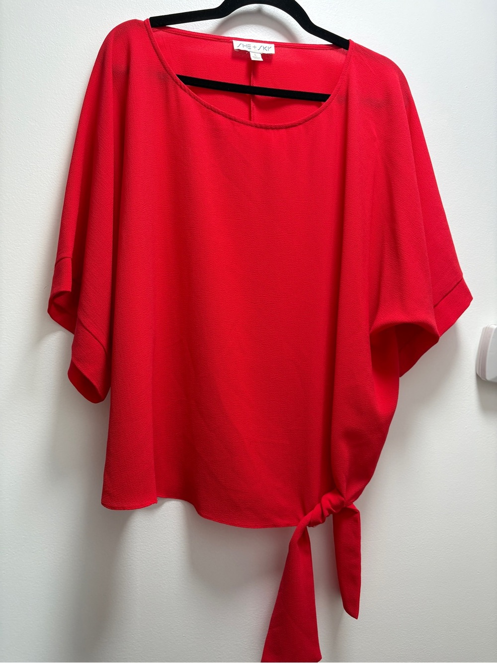 She + Sky Red Tie-Hem Dolman Sleeve Blouse Tomato Red Flowy